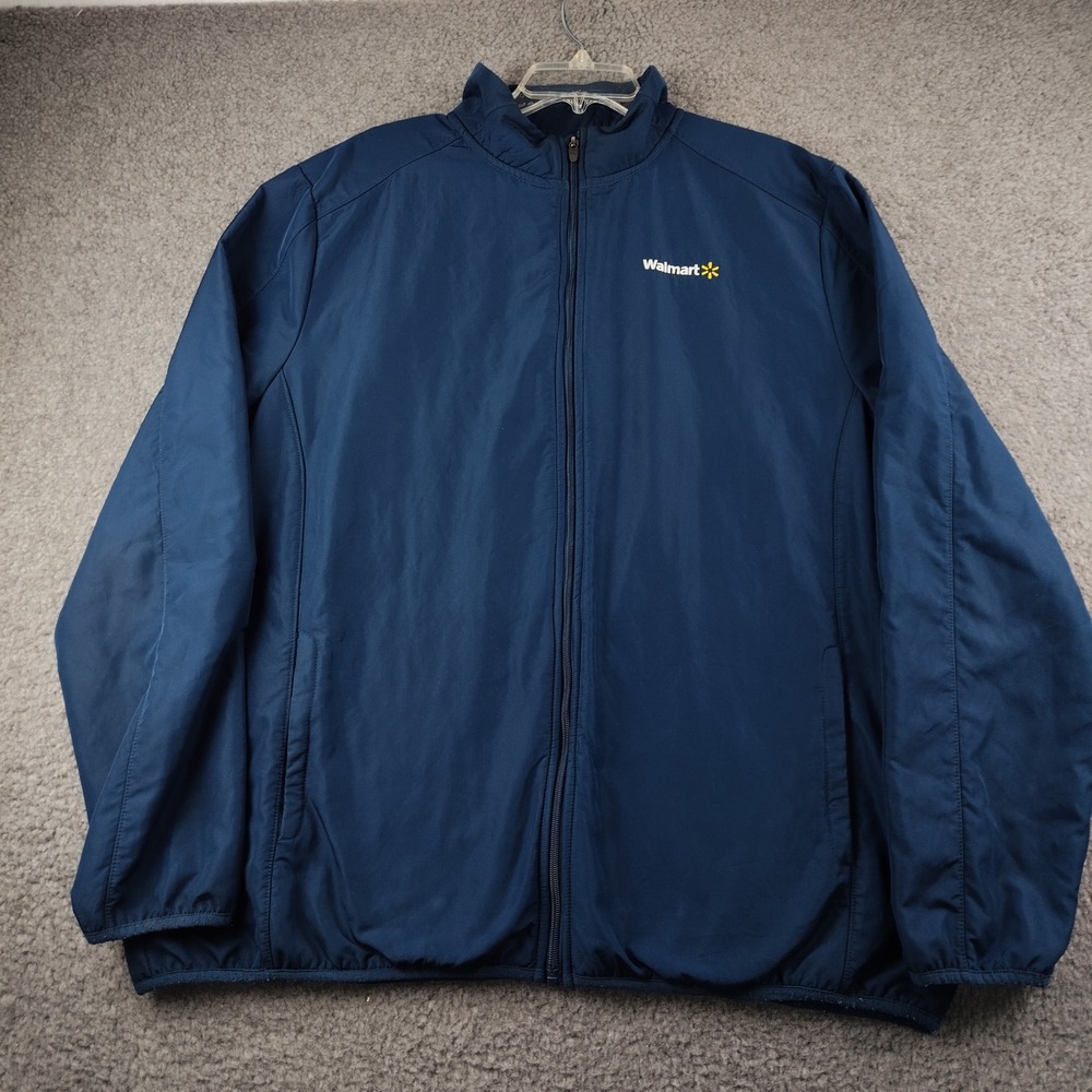 Walmart Employee Uniform Jacket Soft Shell Navy Blue Zip Up Mens XL Logo Pockets